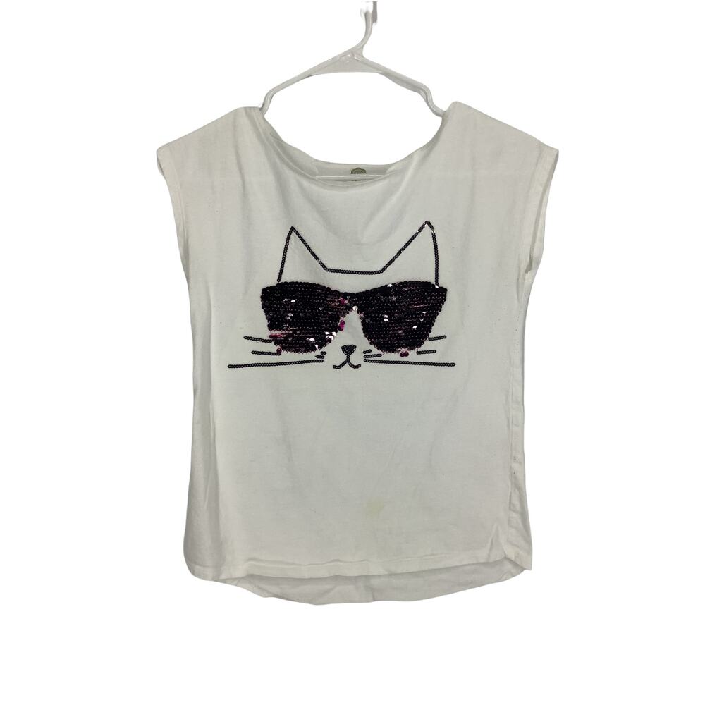 TG Total Girl White Cat Graphic Sequined Short Sleeve T-Shirt Youth Size XL 16